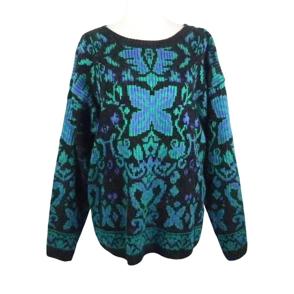 Vintage 80s Carducci Black Green and Blue Floral Sweater L